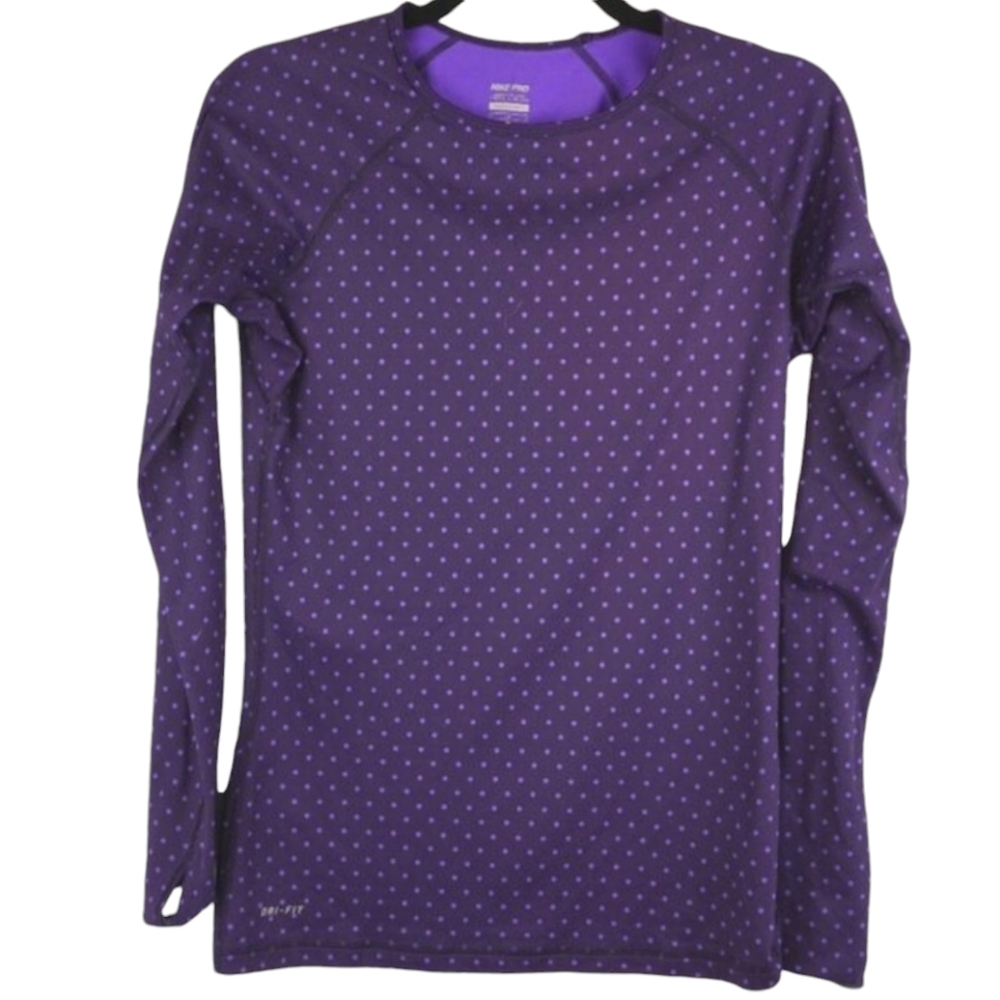 Nike Pro Dri Fit Purple Polka Dot Long Sleeve Shirt Size Medium